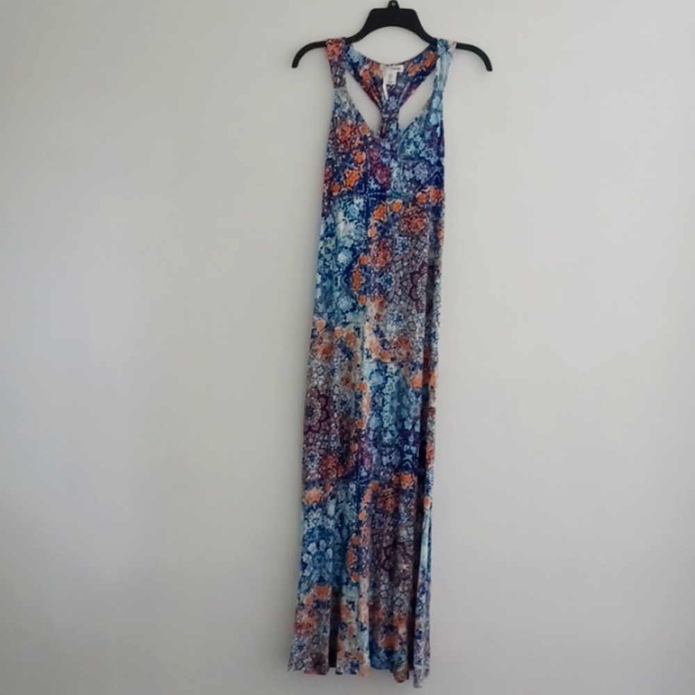 ARTISAN NY MULTI COLORED BLUES/ORANGES/WHITE LONG STRETCH DRESS W/ BRA SIZE M